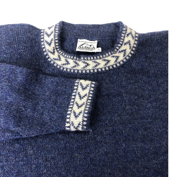 Men's Sweater Alpaca Fur Fair Isle Jumper Pullover Geometric Accent Trim Blue L - Picture 4 of 6